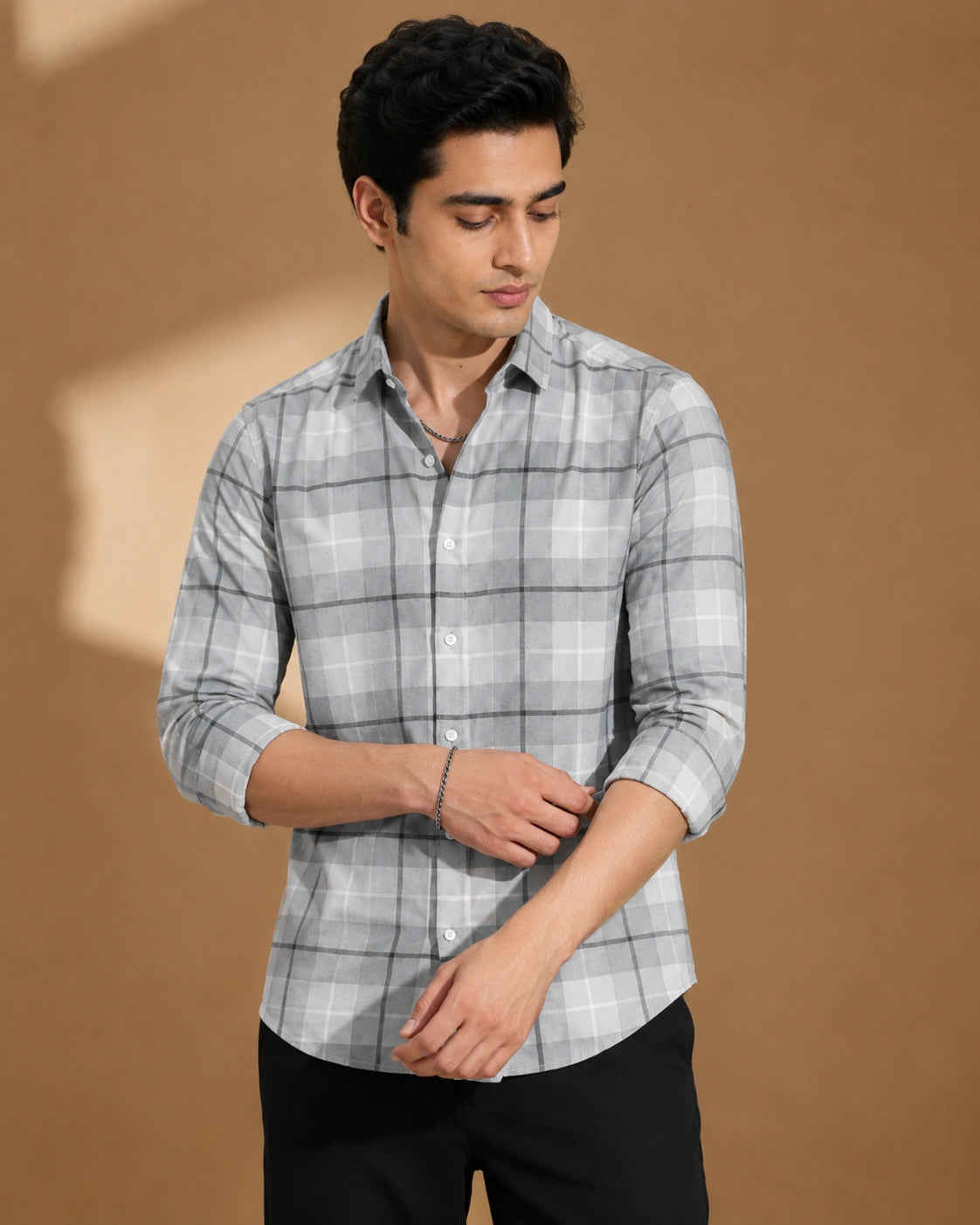 Grey check shirt - adjusting cuff lifestyle