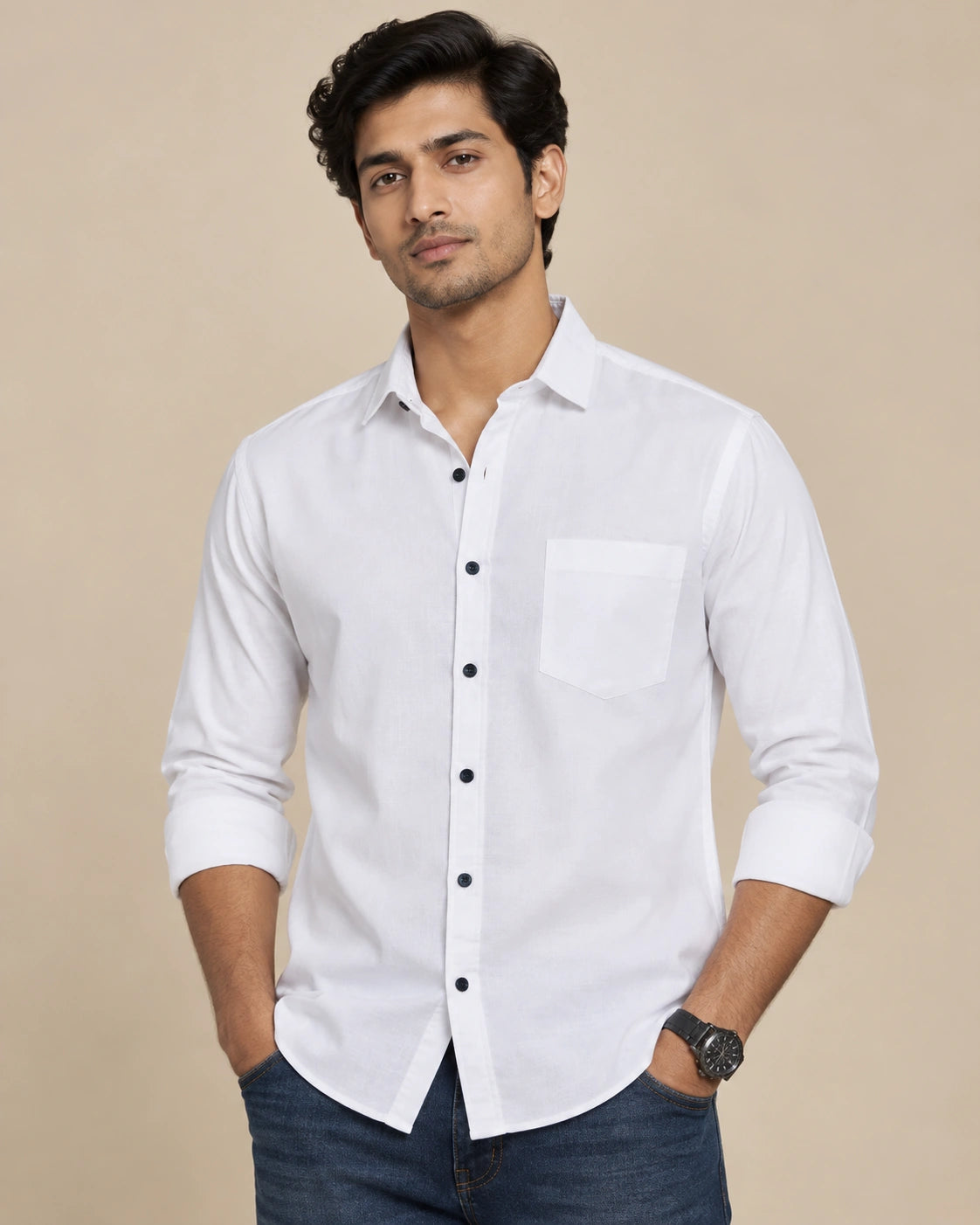 White Plain Formal Shirt - Casual Pose